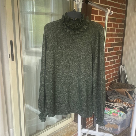 Studio Park Olive Knit Sweater with ruffled neck and sleeves - Picture 1 of 4
